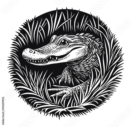 Engraved Illustration of a Crocodile in Grassy Surroundings