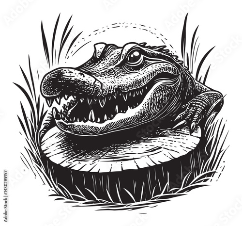 Detailed Engraving of a Crocodile on a Log Surrounded by Grass