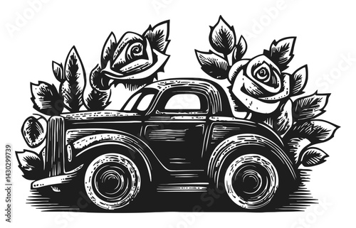 Vintage Car Engraving with Roses and Leaves Illustration Design