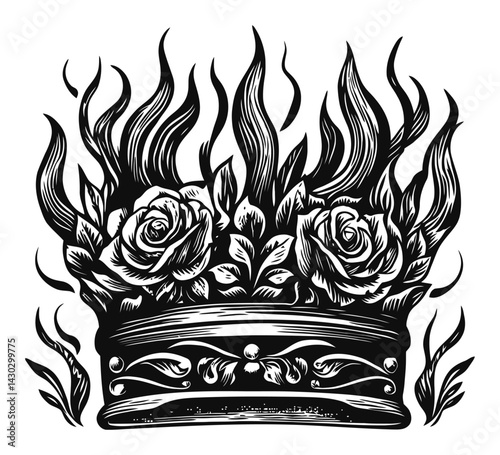 Elegant Engraved Floral Crown with Roses and Decorative Flames