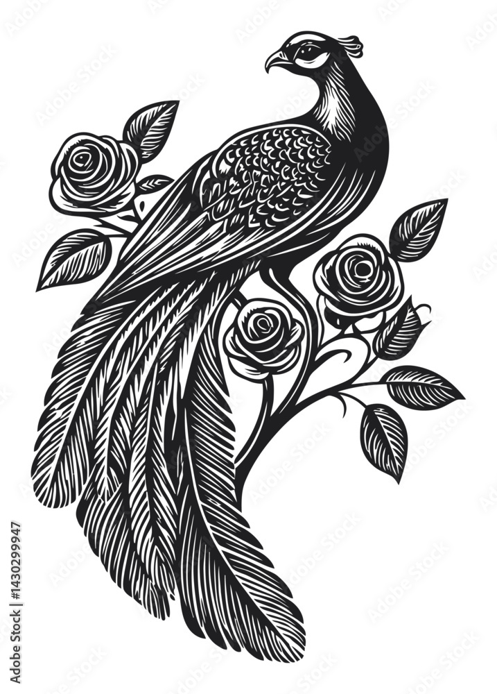 Fototapeta premium Elegant Engraved Illustration of a Peacock Surrounded by Roses