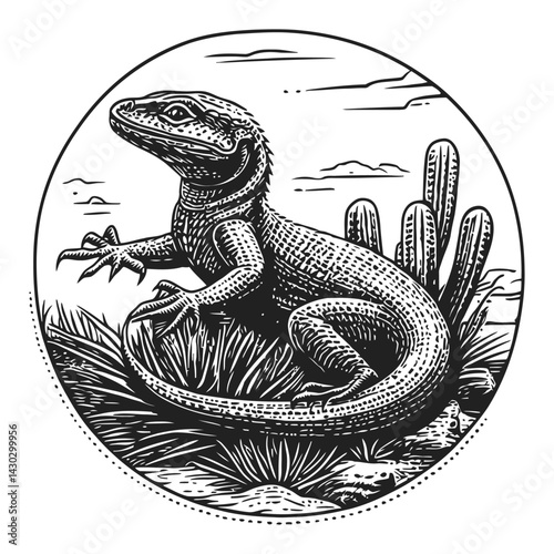 Detailed Engraving of a Lizard in Desert Landscape Illustration