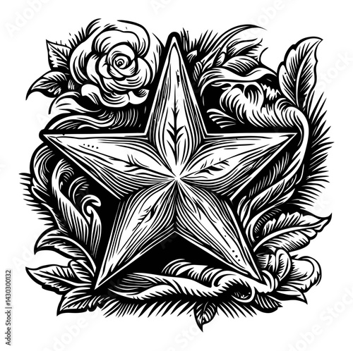 Vintage Engraving of Star Surrounded by Roses and Floral Elements