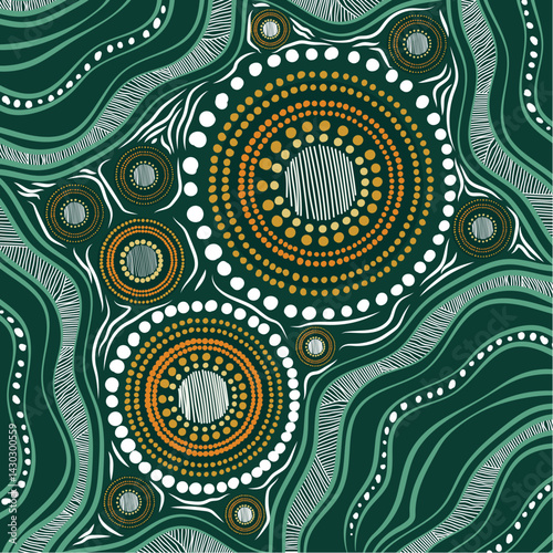 Green artwork reflecting the patterns of Aboriginal dot painting
