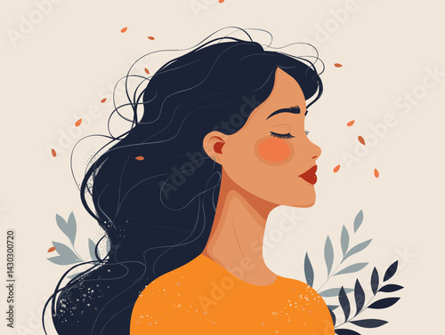 Beautiful woman with closed eyes. Vector illustration in flat style.