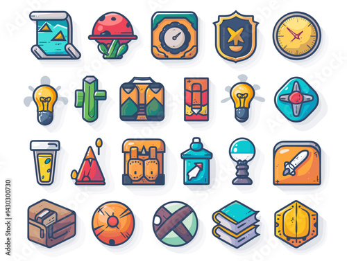 Set of flat line icons for game design. Vector illustration on white background.