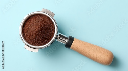 A metal portafilter filled with freshly ground fragrant coffee grounds ready to be tamped and extracted into a rich aromatic espresso