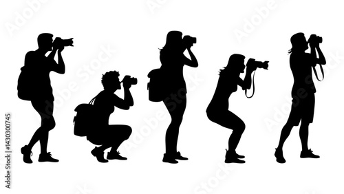 set of people taking pictures silhouette vector on white background