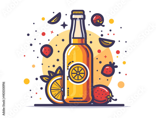 Bottle of beer with fruits. Vector illustration in flat style.
