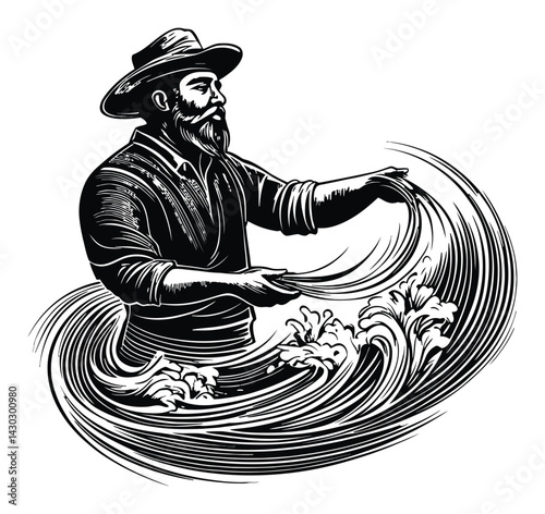 Detailed Engraving of Fisherman Casting Line in Ocean Waves