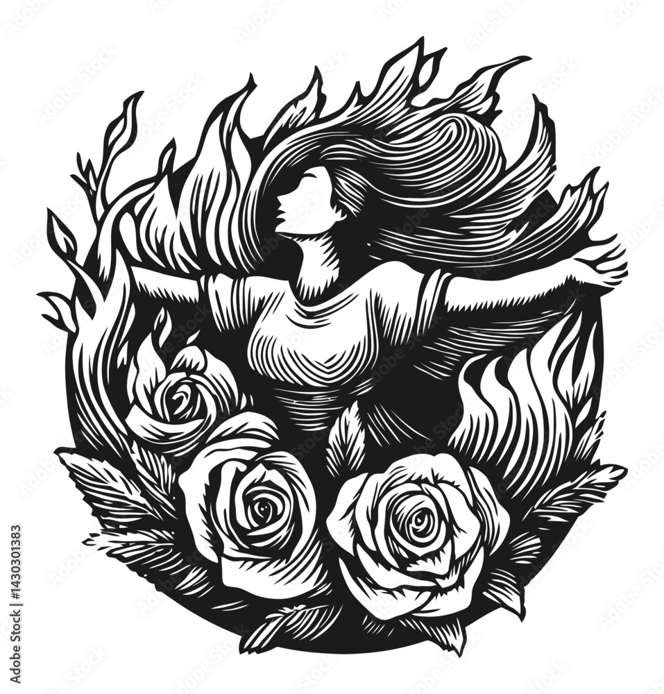 Fototapeta premium Elegant Woman Surrounded by Roses and Flames in Engraved Style
