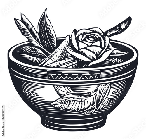 Detailed Engraving of Bowl with Rose and Leaves Illustration