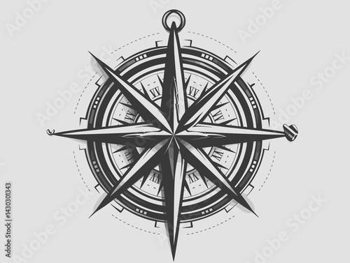 Compass wind rose. Black and white vector illustration isolated on white background.
