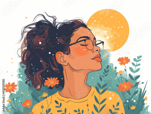 Vector illustration of a young woman with closed eyes and flowers in her hair