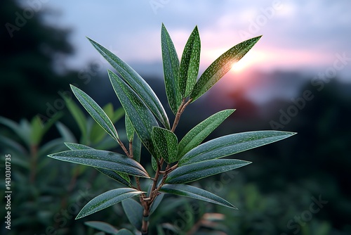 Sunrise Dewdrops Lush Green Leaves at Dawn.