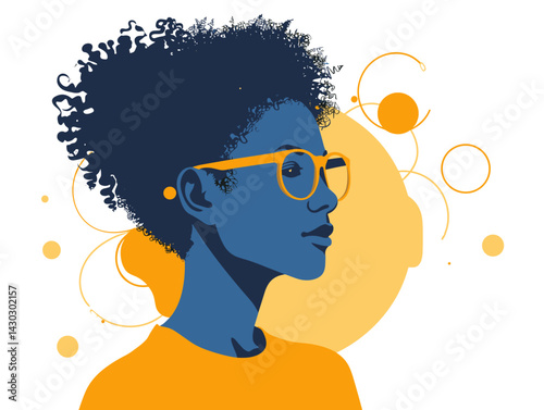 Young woman with afro hairstyle and glasses. Vector illustration.