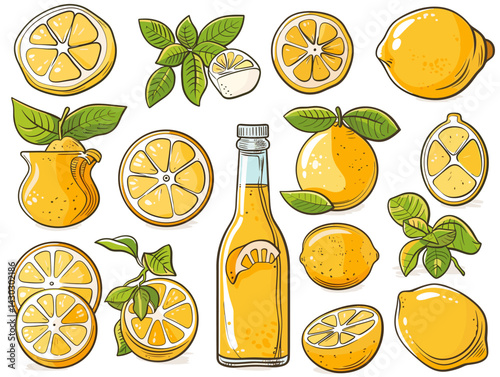 Lemon, lime, orange, lemonade, ice cream, fresh juice, vector illustration