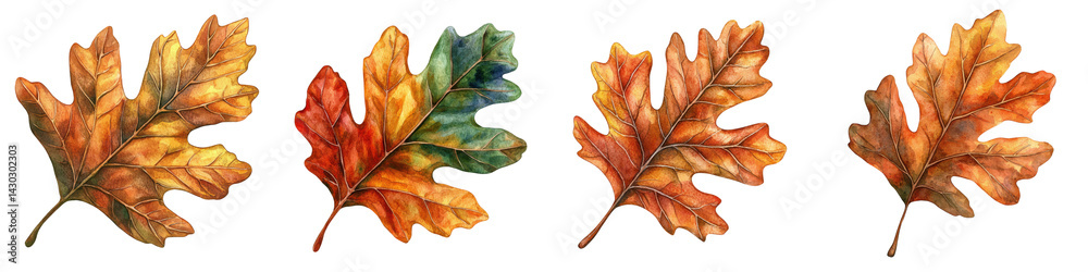 Fototapeta premium Watercolor,Set of leaves Colorful autumn leaves arranged in a row against a dark background. isolate on transparent background