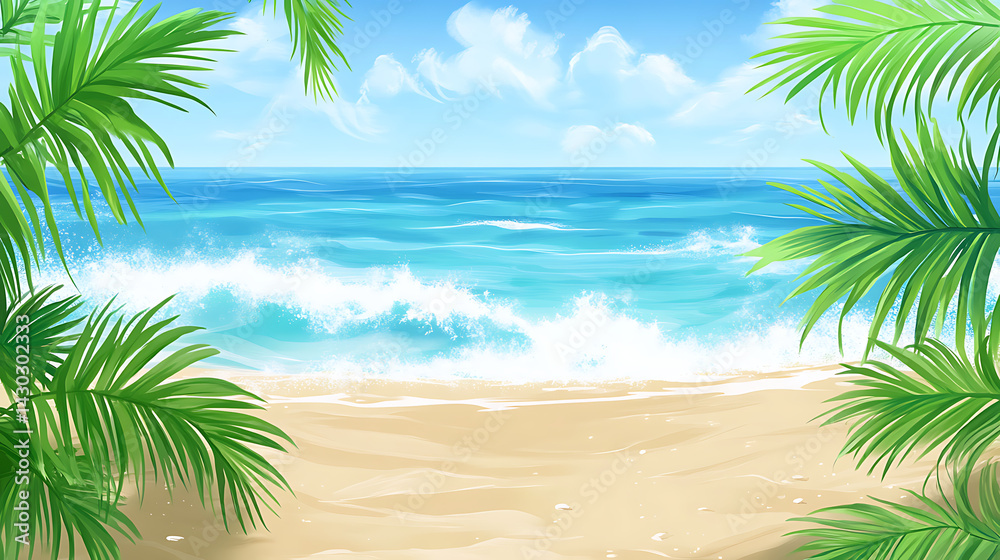 Fototapeta premium A beach scene with palm trees and ocean waves