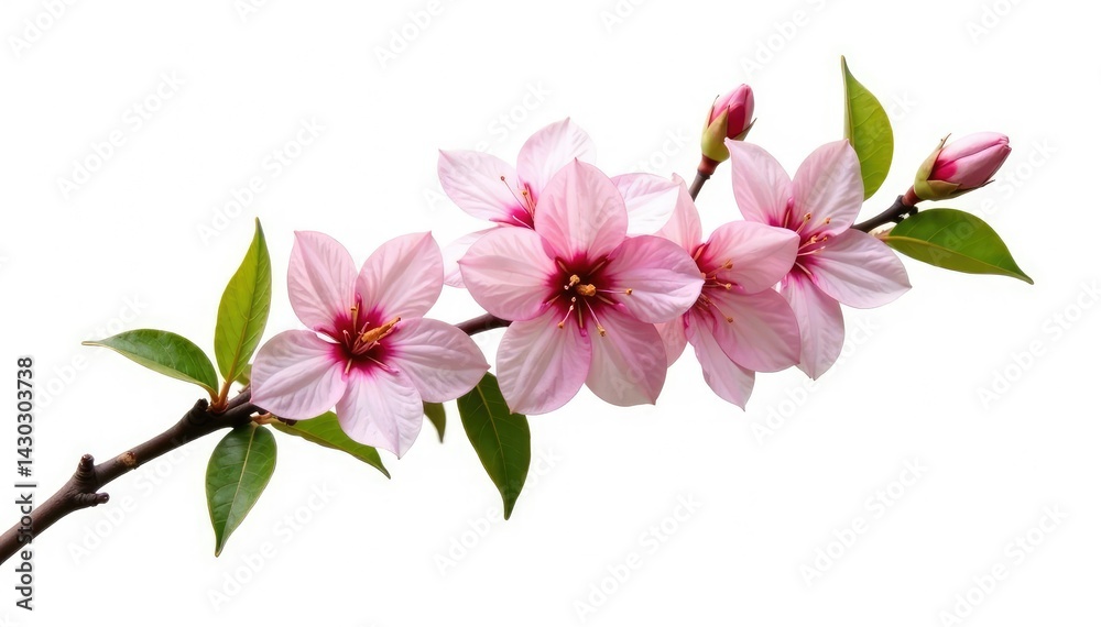Fototapeta premium Branch with flowers and leaves isolated on white background, petals, flower, blossoming