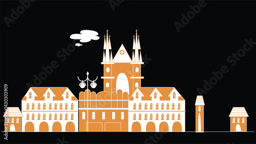 A stylized illustration of city buildings set against a black background. The buildings are designed with sleek lines and minimalistic features