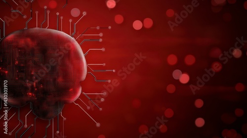 Abstract digital brain concept. Red circuit board texture, glowing lines, bokeh background. Artificial intelligence, neural network, technology theme. Dark red color palette, futuristic aesthetic.