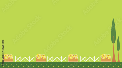 Flat-style illustration of a serene garden background with trees, bushes, and greenery, creating a peaceful outdoor scene