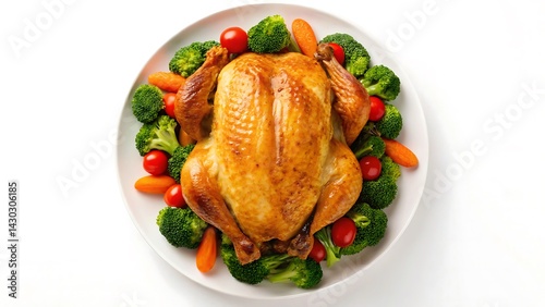 Set Against a Crisp White Background, Perfect for Restaurant Decor, Posters, Flyers, and Banners – Pollo Asado Dorado con Verduras Frescas, Sobre un Fondo Blanco Nítido, Perfecto para Decoración de Re photo
