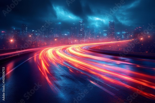 Night city highway  curving road  light trails  stormy sky  urban backdrop