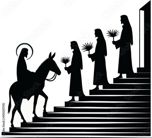A black-and-white silhouette illustration shows a holy figure riding a donkey up a staircase, greeted by three robed individuals holding palm branches, symbolizing a biblical or Palm Sunday scene.