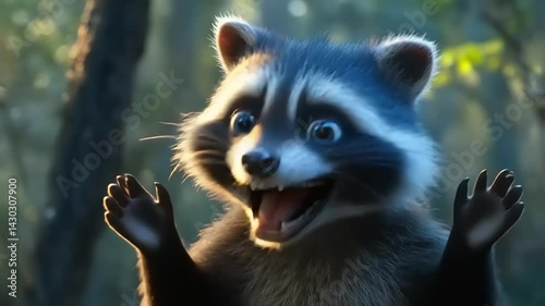 Playful raccoon smiling in a lush green forest, surrounded by soft sunlight and nature