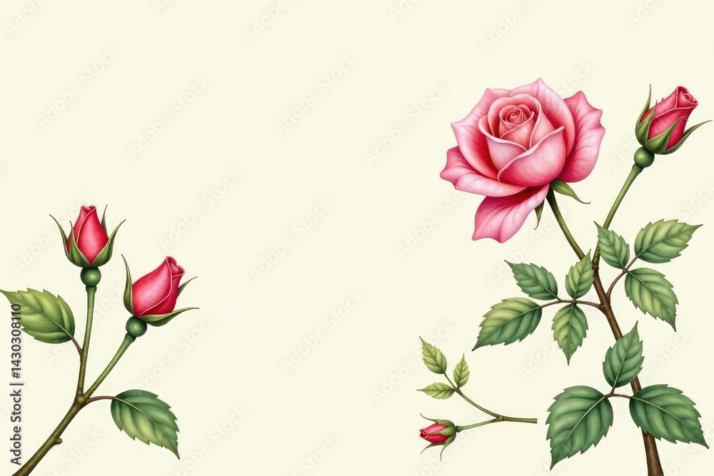 Fototapeta premium Delicate watercolor rose buds and leaves on a cream background , flowers, cream