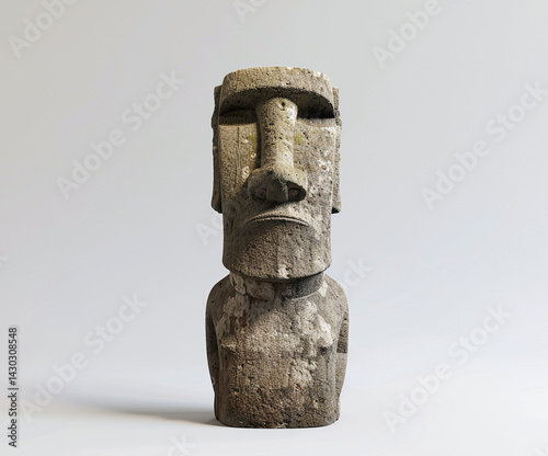 Front-facing Moai statue from Easter Island isolated on a clean light background. Ancient stone sculpture symbolizing Polynesian heritage and cultural ancestry of the Rapa Nui people