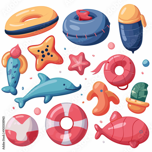 Cartoon inflatable toys. Vector set of colorful beach items.