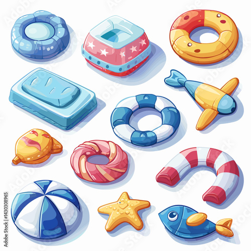 Cartoon inflatable toys. Vector set of colorful beach items.