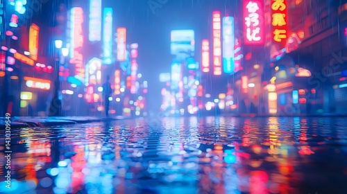 Rainy night street scene in a vibrant neon-lit city