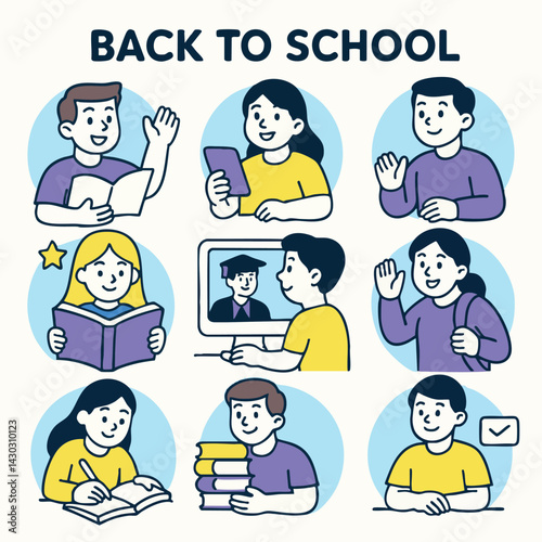 Back to school illustrations featuring students engaged in various activities like reading, studying, and using technology, conveying excitement and readiness for learning