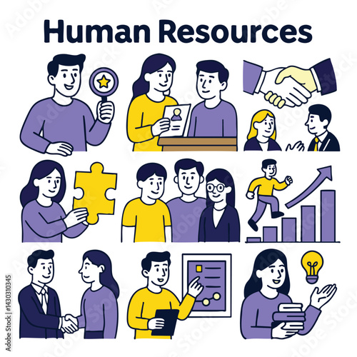 Human resources illustrations showcase teamwork, collaboration, and professional growth. These visuals highlight key aspects of HR, including recruitment, training, and employee engagement