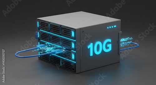 10G Network Server: Futuristic Data Center Cube with Glowing Connections