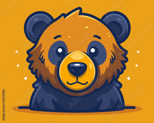 Cute cartoon brown bear on a yellow background. Vector illustration.
