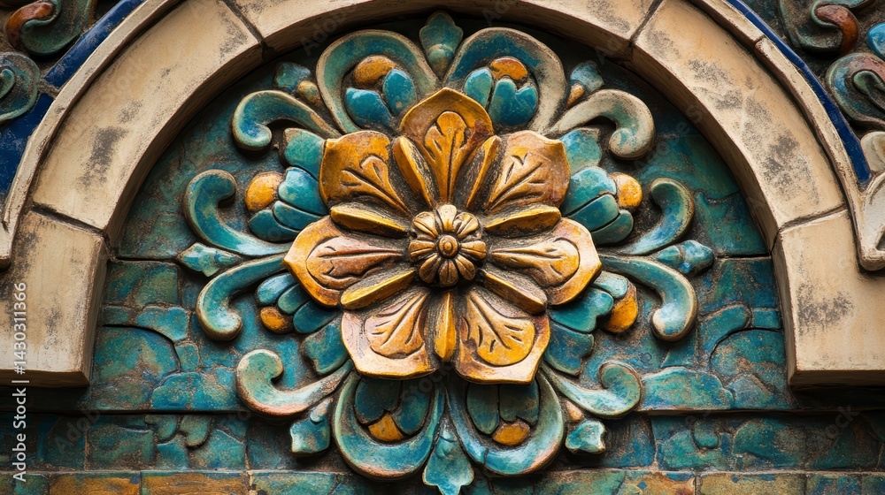 Intricate ceramic floral tile design on arched wall.