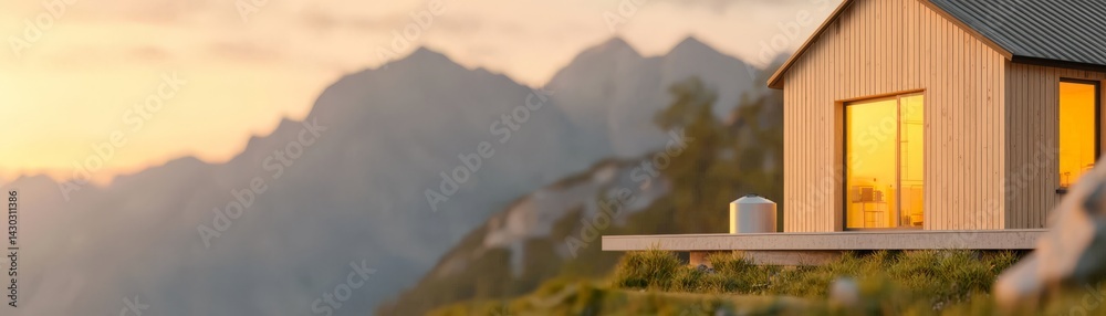 Peak Energy Solutions with Advanced Battery Storage Technology, Modern cabin on a mountainside at sunset, offering a serene retreat with stunning views.