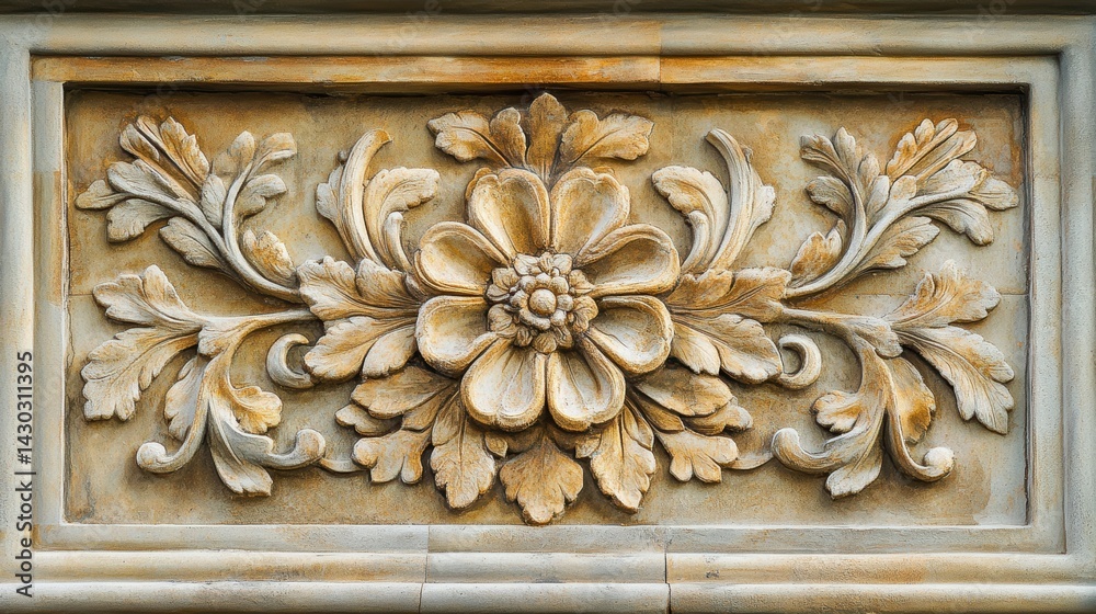 Intricate stone carving of a flower and foliage design, rectangular shape, beige tones.