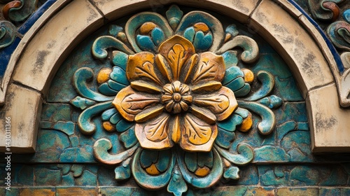 Obraz na płótnie Intricate ceramic floral tile design on arched wall. w salonie