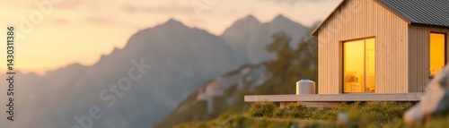 Obraz na płótnie Peak Energy Solutions with Advanced Battery Storage Technology, Modern cabin on a mountainside at sunset, offering a serene retreat with stunning views. w salonie