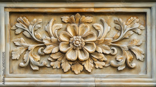 Obraz na płótnie Intricate stone carving of a flower and foliage design, rectangular shape, beige tones. w salonie