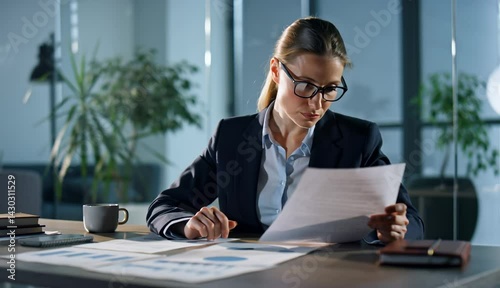 A professional businesswoman reading documents at her desk in a modern office showing focus and concentration