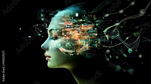 Digital human head with futuristic cityscape of neural connections, AI technology and innovation.