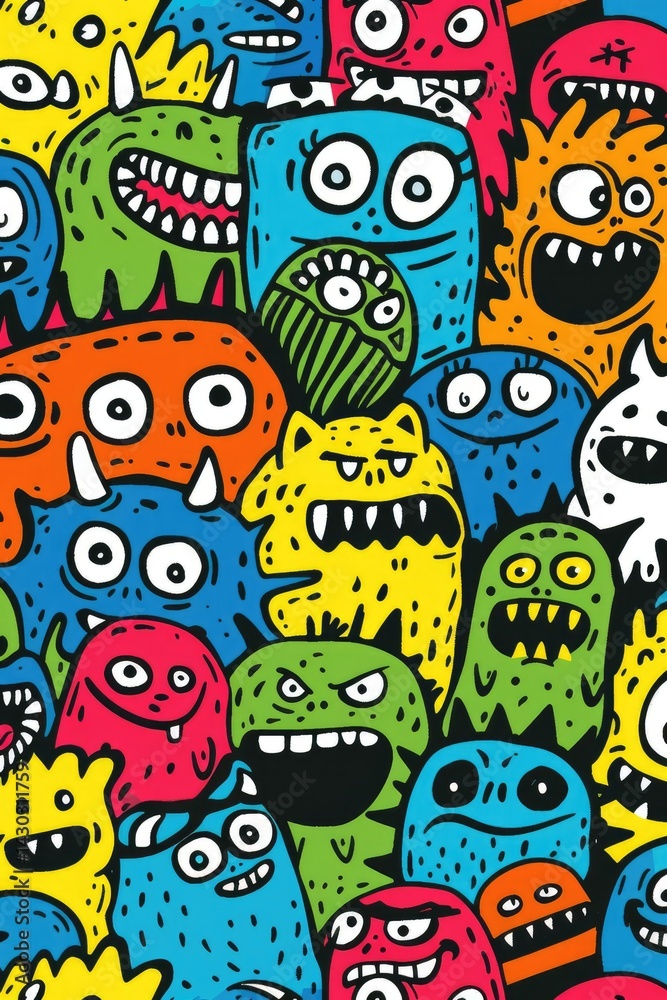 A vibrant cartoon pattern filled with cute doodle monsters, perfect for creating fun and colorful designs. A vibrant cartoon pattern filled with cute doodle monsters, perfect for creating fun and colorful designs.