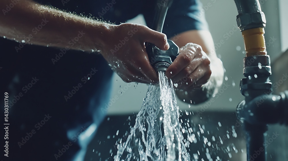 Fototapeta premium Plumber Fixing a Leaking Pipe